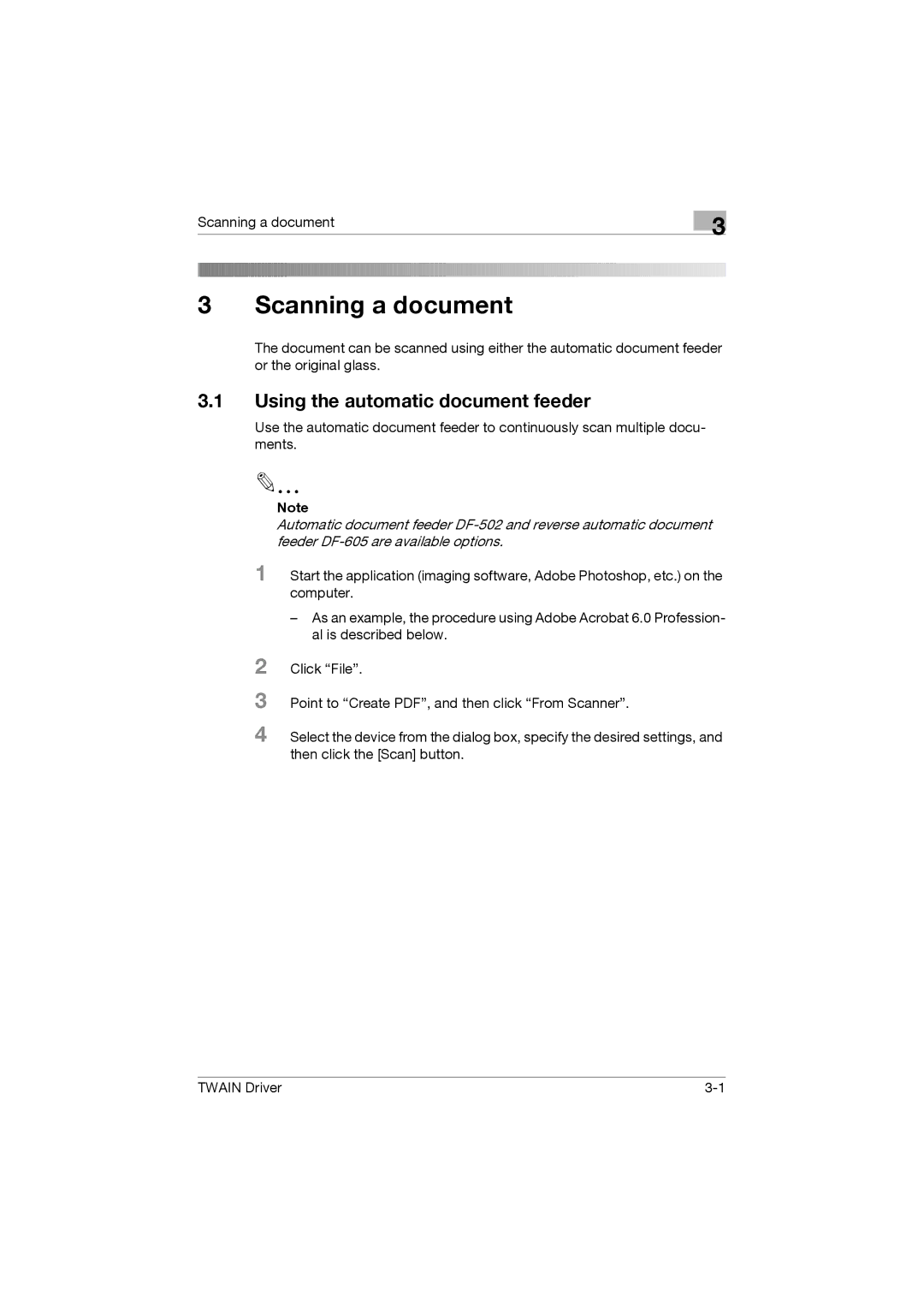 Konica Minolta TWIN Driver manual Scanning a document, Using the automatic document feeder 