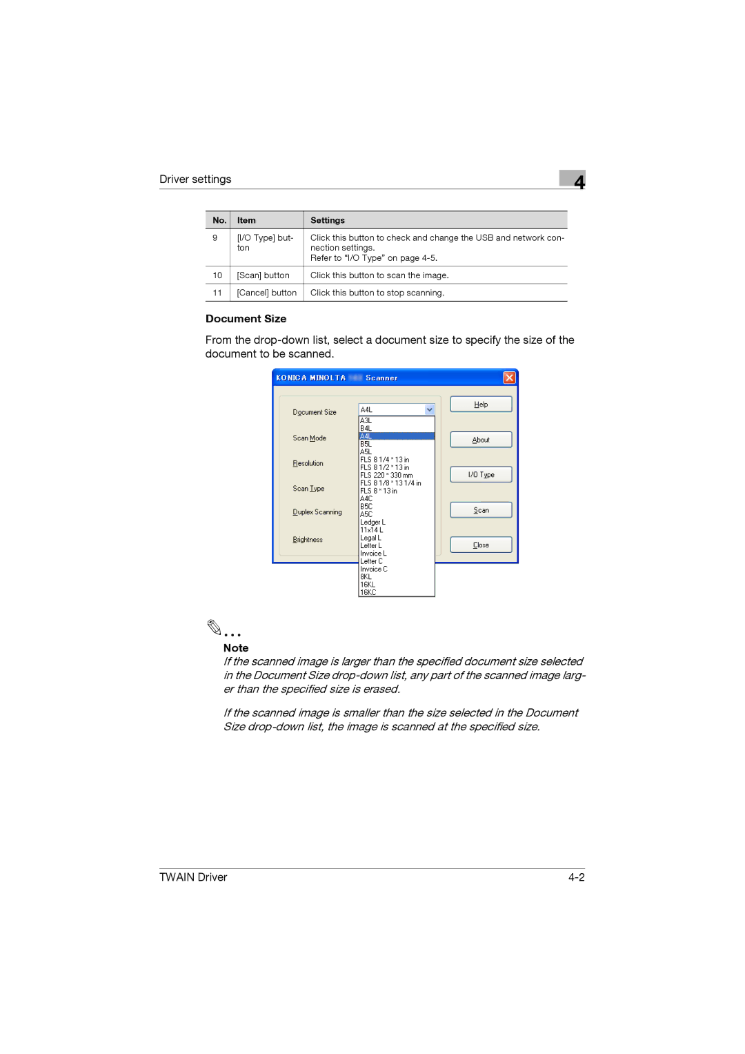 Konica Minolta TWIN Driver manual Document Size 