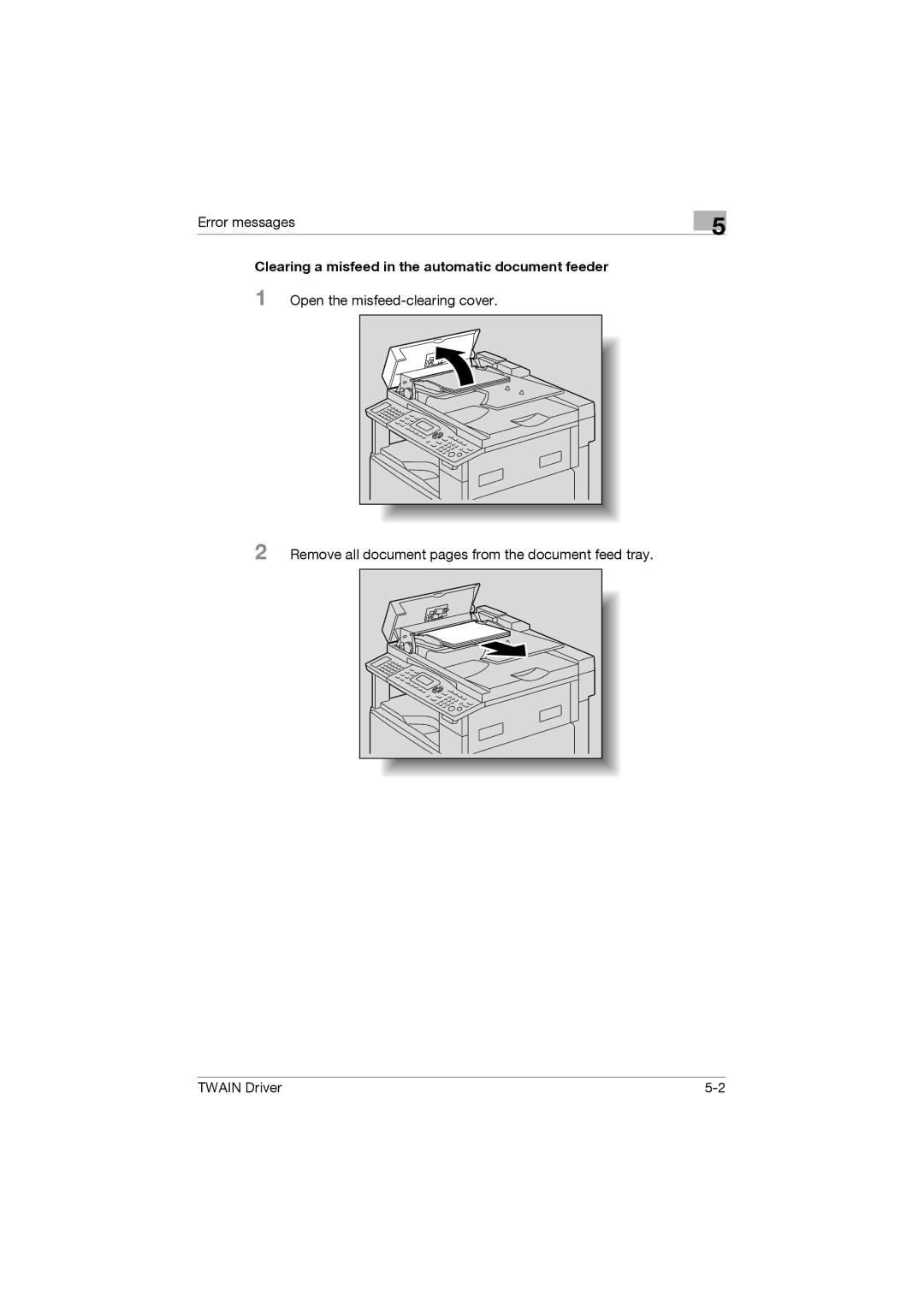 Konica Minolta TWIN Driver manual Clearing a misfeed in the automatic document feeder 