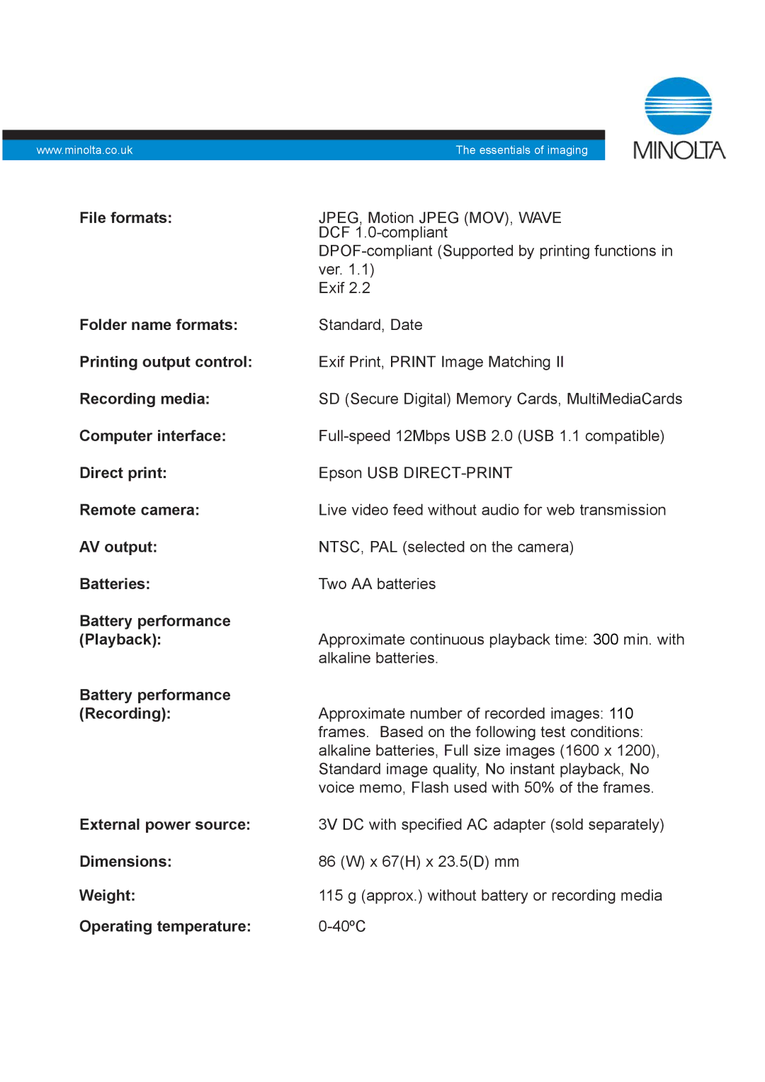 Konica Minolta X 20 File formats, Folder name formats, Printing output control, Recording media, Computer interface 