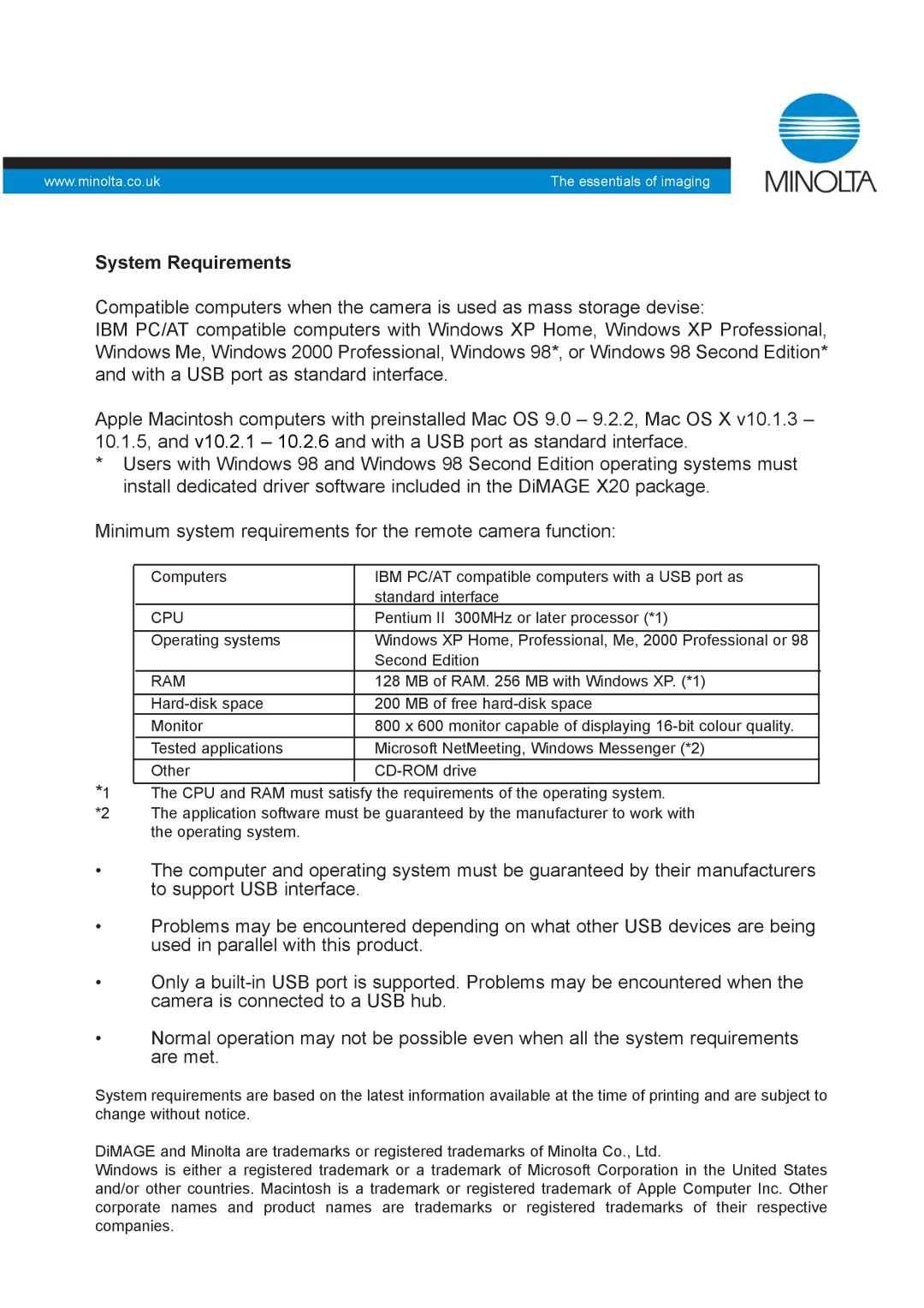 Konica Minolta X 20 technical specifications System Requirements, Cpu 