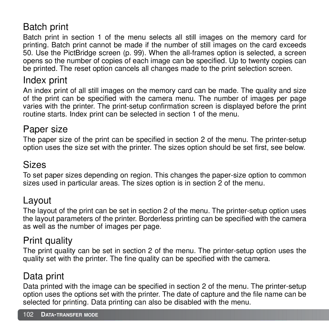 Konica Minolta X21 instruction manual Batch print, Index print, Paper size, Sizes, Layout, Print quality, Data print 