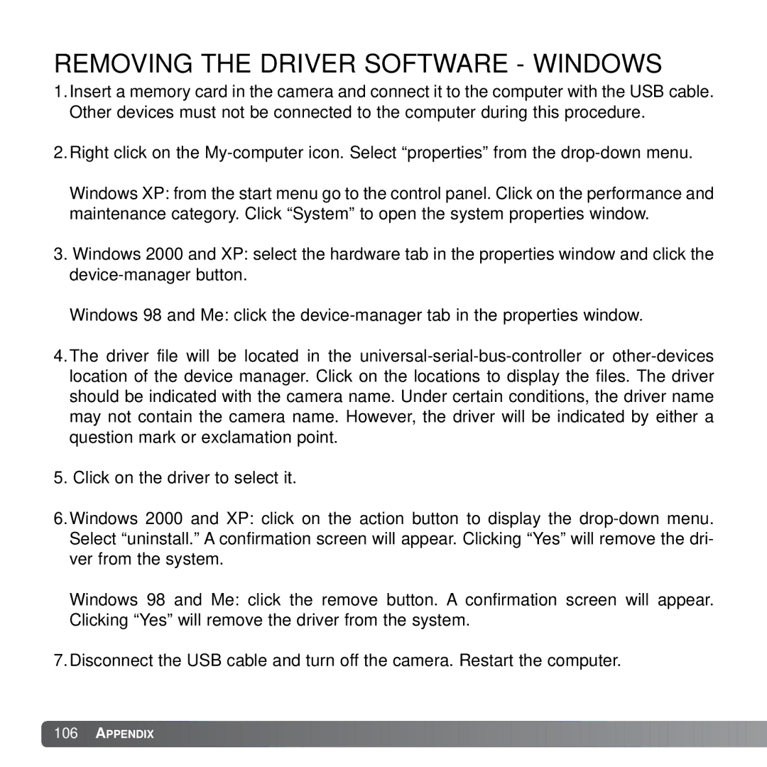 Konica Minolta X21 instruction manual Removing the Driver Software Windows 