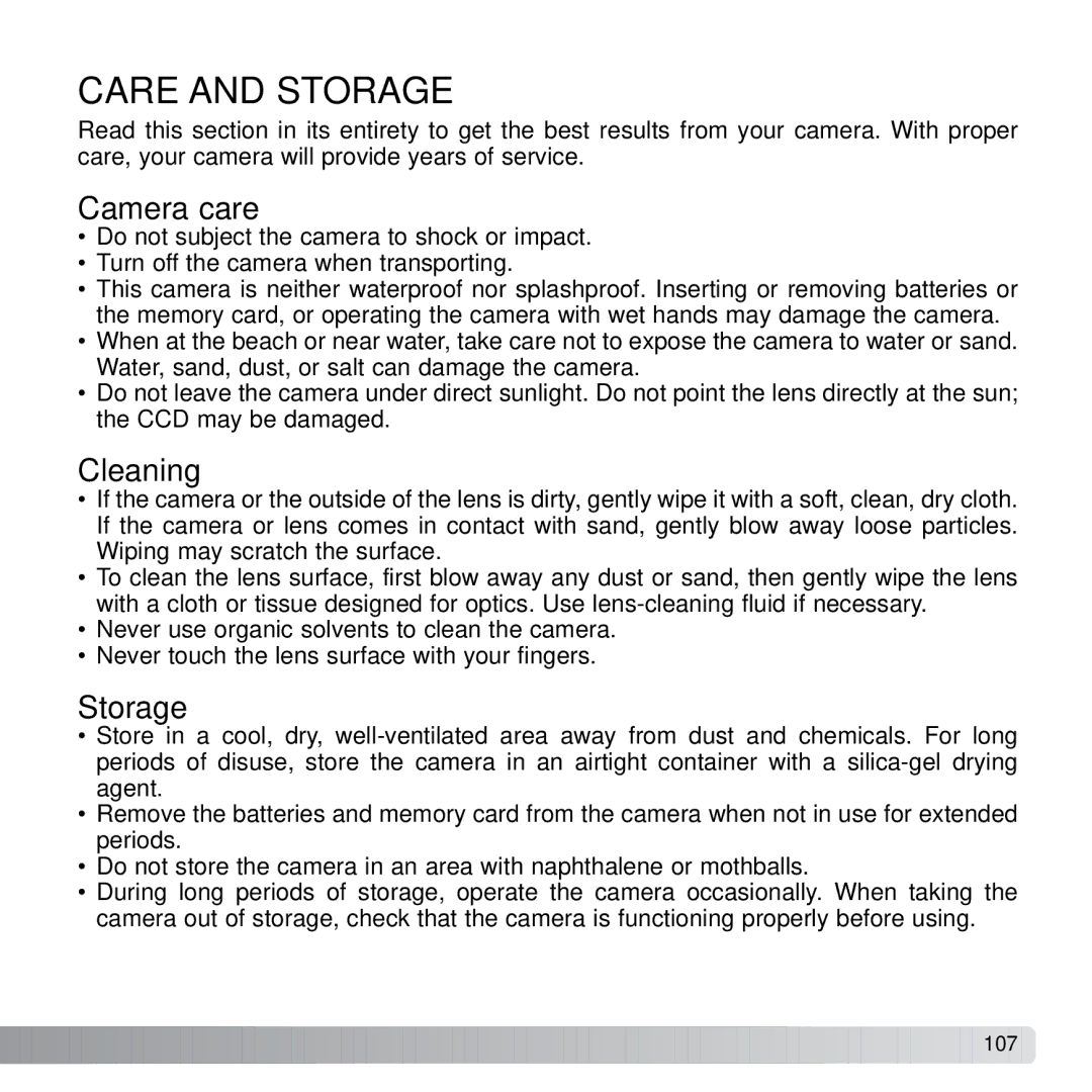 Konica Minolta X21 instruction manual Care and Storage, Camera care, Cleaning 