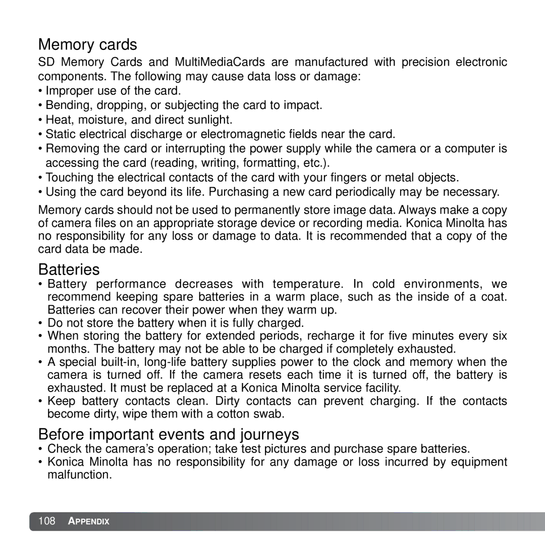 Konica Minolta X21 instruction manual Memory cards, Batteries, Before important events and journeys 