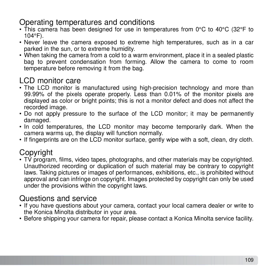 Konica Minolta X21 Operating temperatures and conditions, LCD monitor care, Copyright, Questions and service 