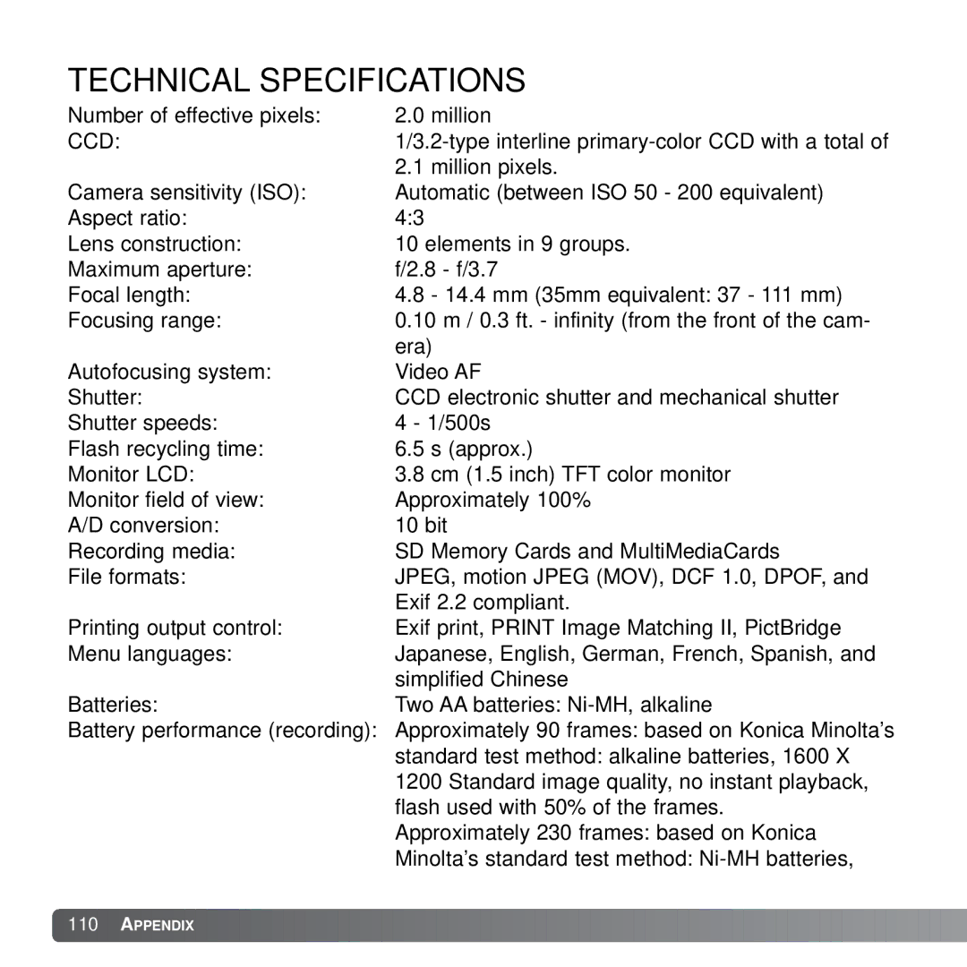 Konica Minolta X21 instruction manual Technical Specifications, Ccd 