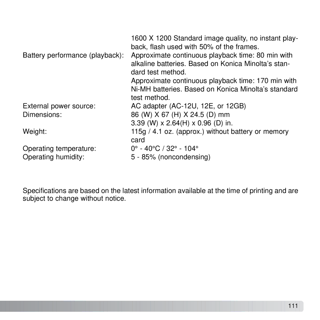 Konica Minolta X21 instruction manual 1600 X 1200 Standard image quality, no instant play 