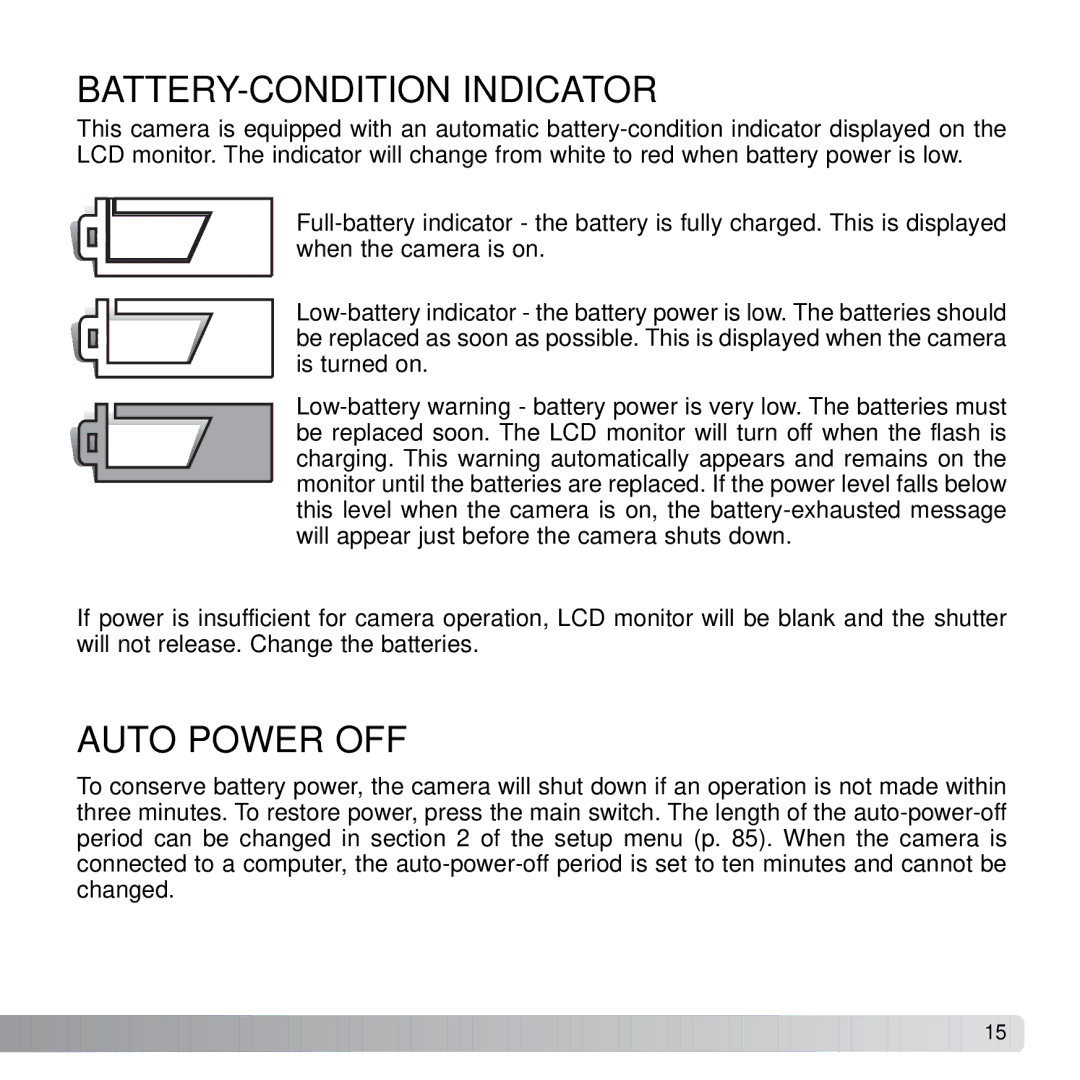 Konica Minolta X21 instruction manual BATTERY-CONDITION Indicator, Auto Power OFF 