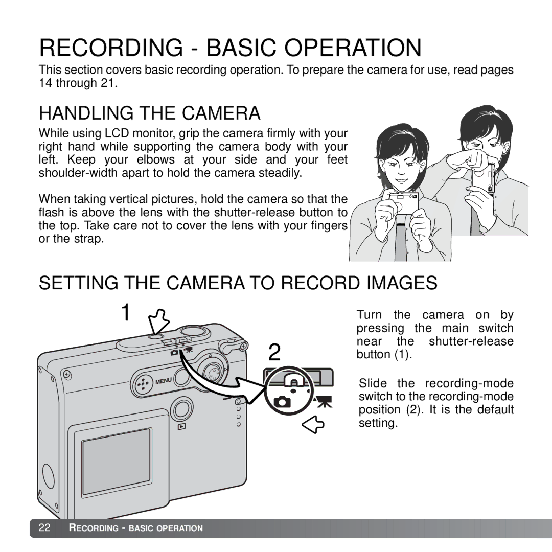 Konica Minolta X21 instruction manual Handling the Camera, Setting the Camera to Record Images 