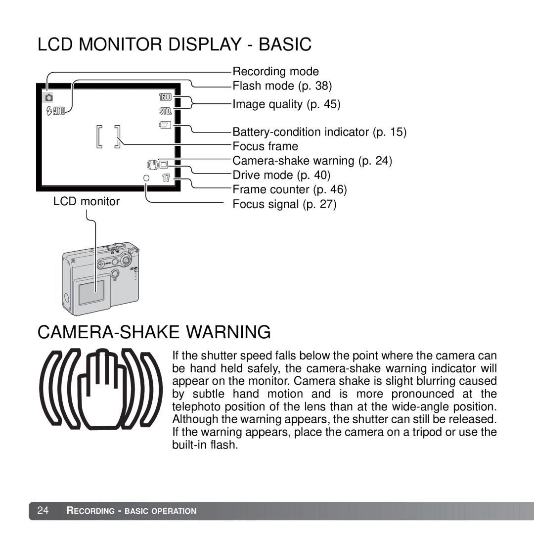 Konica Minolta X21 instruction manual LCD Monitor Display Basic, CAMERA-SHAKE Warning 