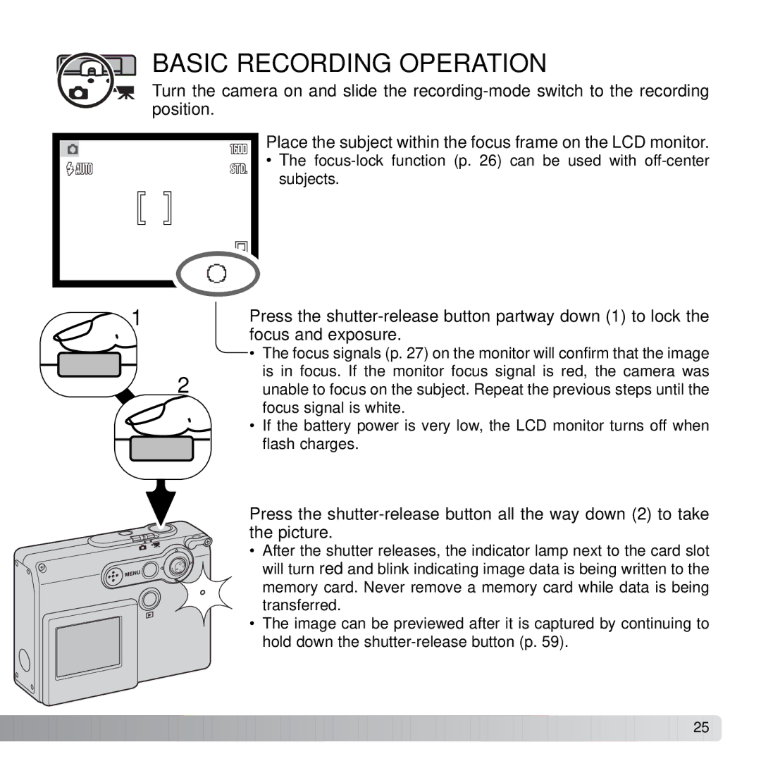 Konica Minolta X21 instruction manual Basic Recording Operation, Focus and exposure 