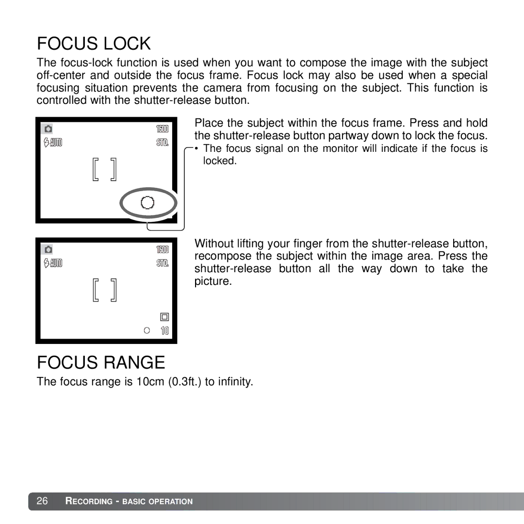 Konica Minolta X21 instruction manual Focus Lock, Focus Range 