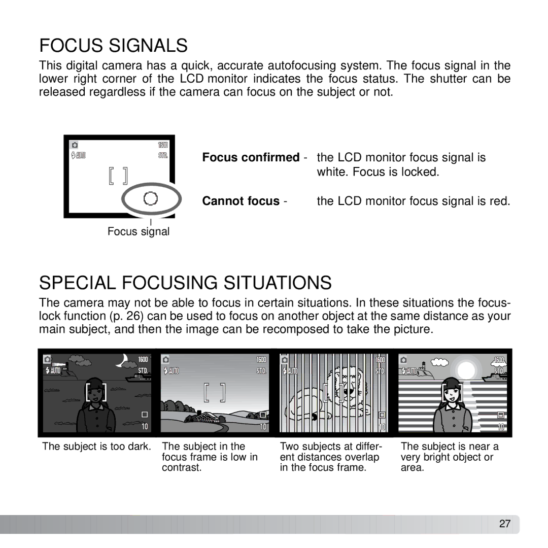 Konica Minolta X21 instruction manual Focus Signals, Special Focusing Situations 