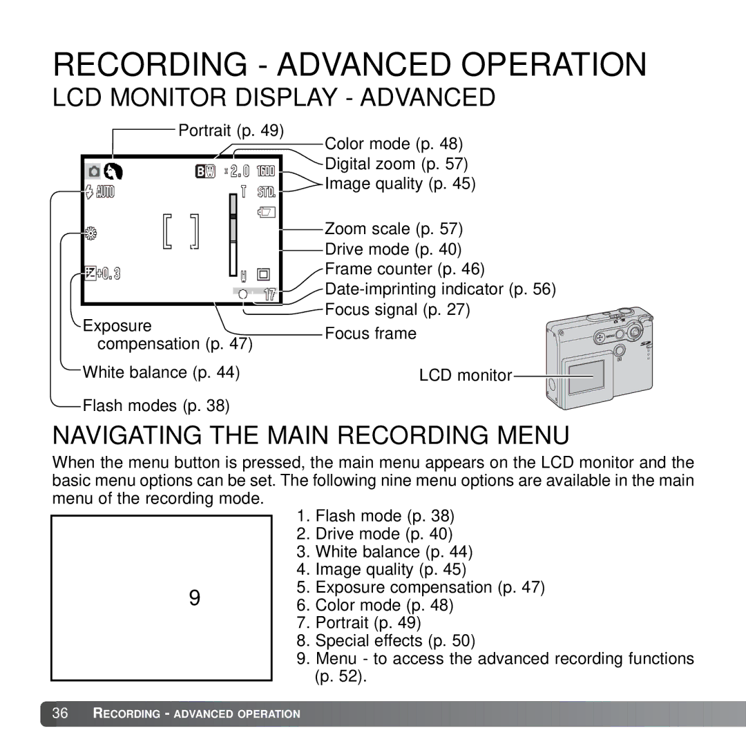 Konica Minolta X21 instruction manual LCD Monitor Display Advanced, Navigating the Main Recording Menu 