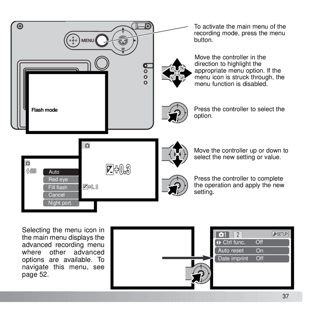 Konica Minolta X21 instruction manual Ctrl func Off Auto reset Date imprint 