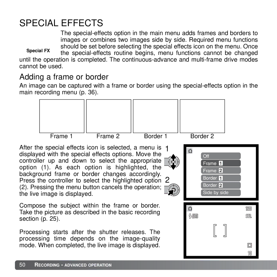 Konica Minolta X21 instruction manual Special Effects, Adding a frame or border 