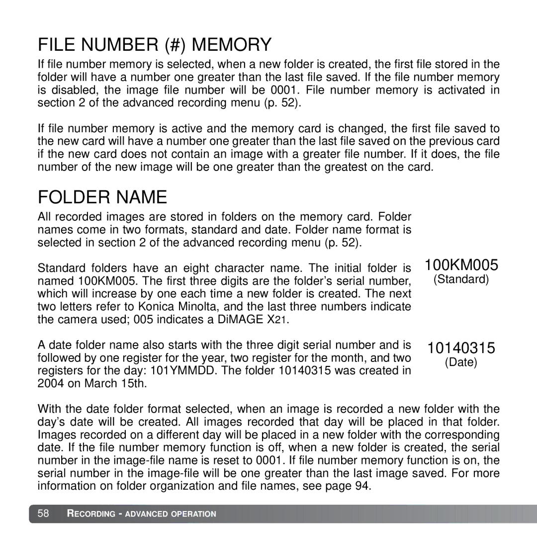 Konica Minolta X21 instruction manual File Number # Memory, Folder Name 