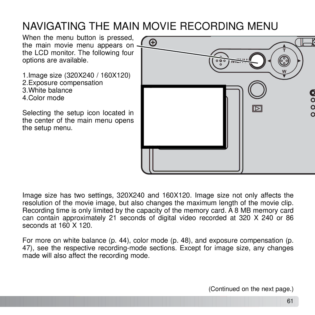 Konica Minolta X21 instruction manual Navigating the Main Movie Recording Menu 