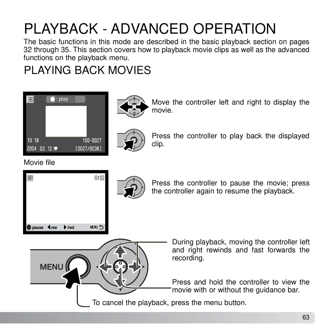 Konica Minolta X21 instruction manual Playback Advanced Operation, Playing Back Movies 