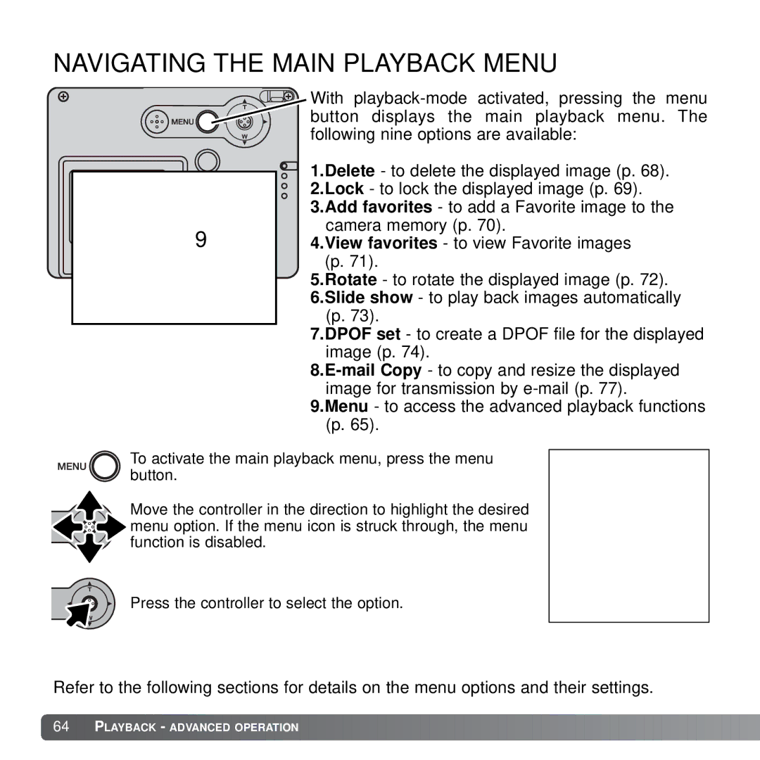 Konica Minolta X21 instruction manual Navigating the Main Playback Menu 