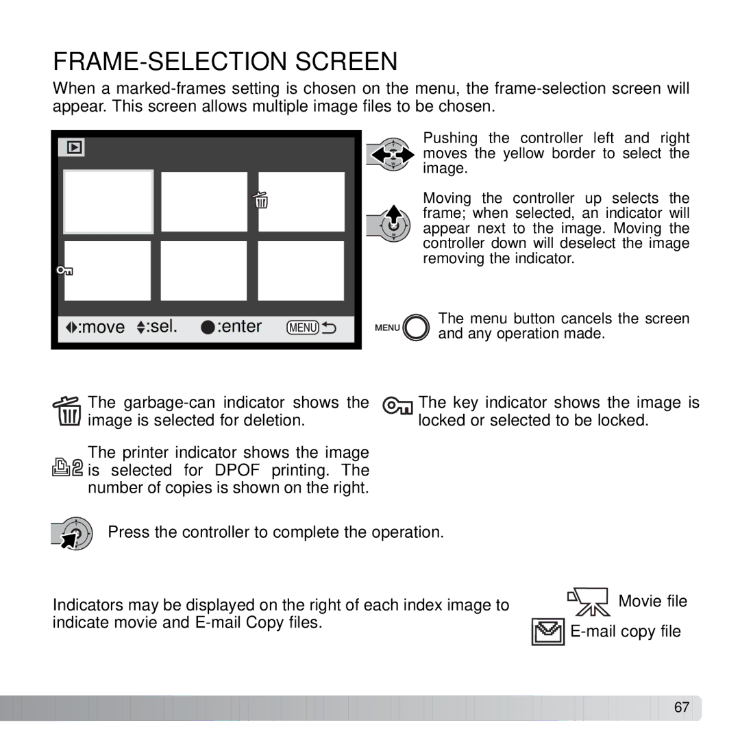 Konica Minolta X21 instruction manual FRAME-SELECTION Screen, Move Sel Enter 