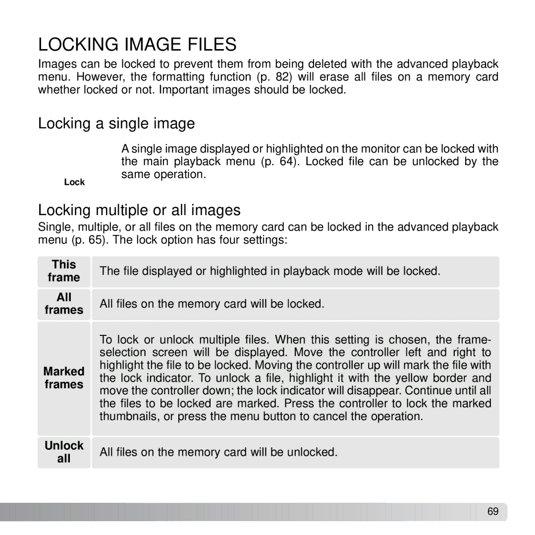 Konica Minolta X21 instruction manual Locking Image Files, Locking a single image, Locking multiple or all images 