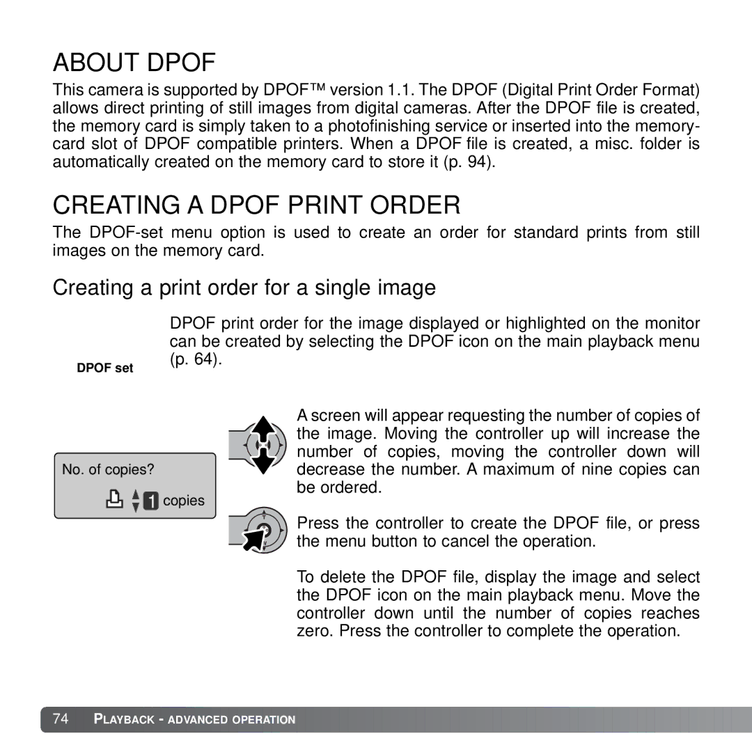 Konica Minolta X21 instruction manual About Dpof, Creating a Dpof Print Order, Creating a print order for a single image 