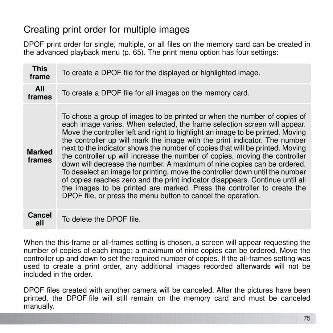 Konica Minolta X21 instruction manual Creating print order for multiple images, Cancel To delete the Dpof file All 