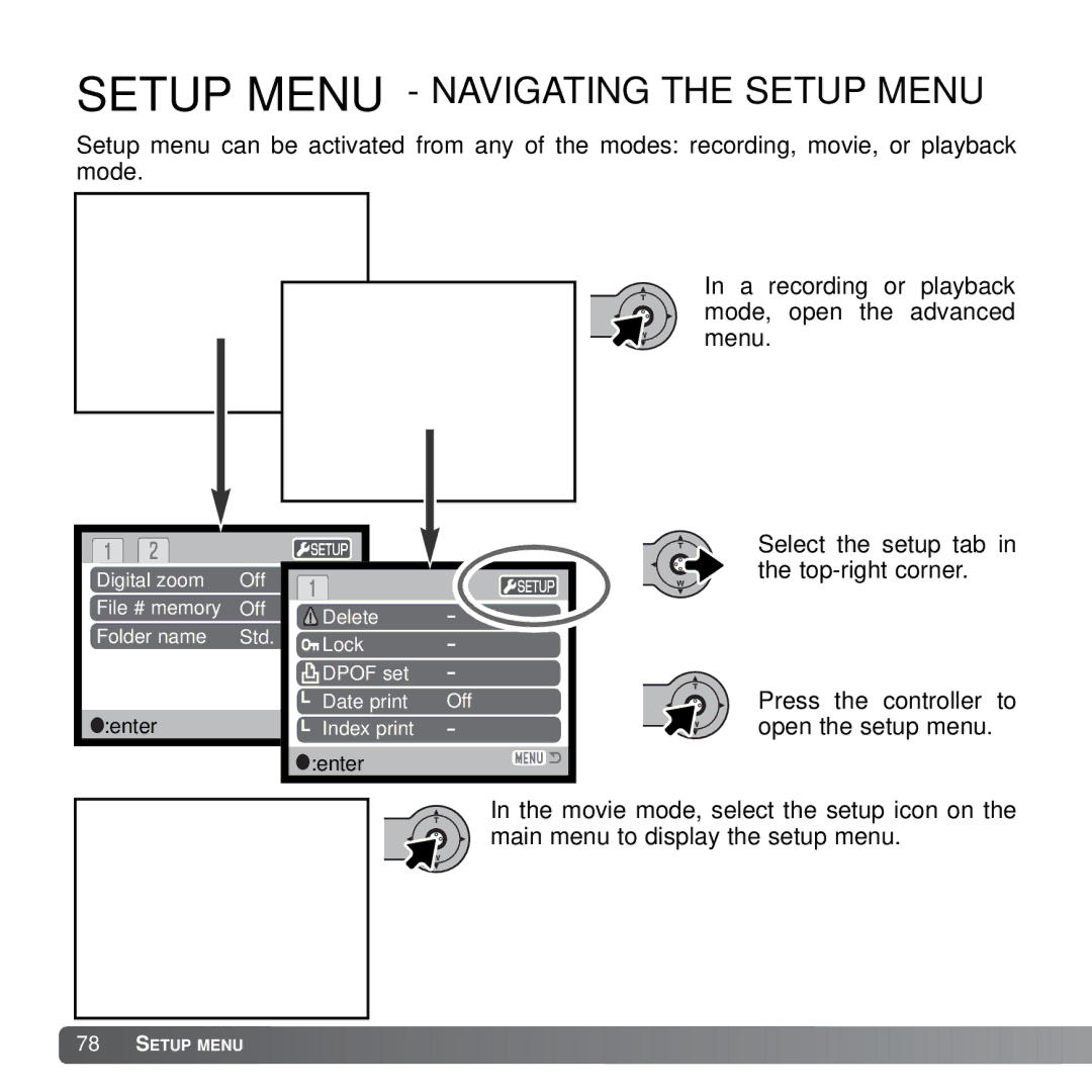 Konica Minolta X21 instruction manual Setup Menu Navigating the Setup Menu 