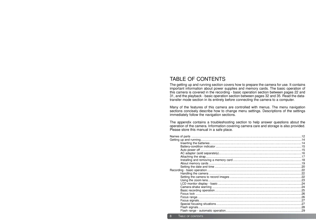 Konica Minolta X21 instruction manual Table of Contents 