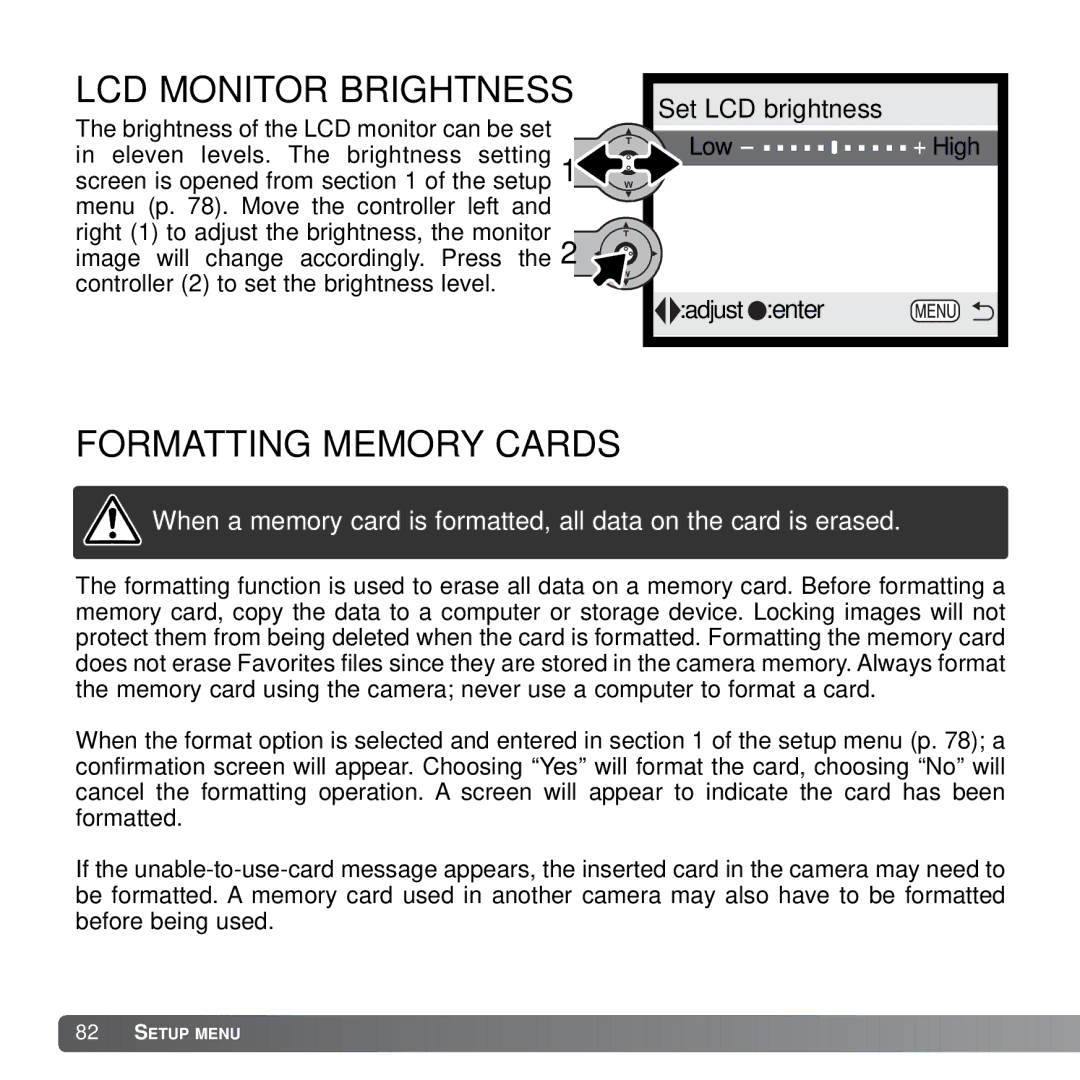 Konica Minolta X21 instruction manual LCD Monitor Brightness, Formatting Memory Cards 