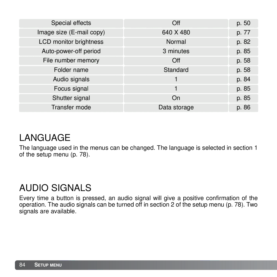 Konica Minolta X21 instruction manual Language, Audio Signals 