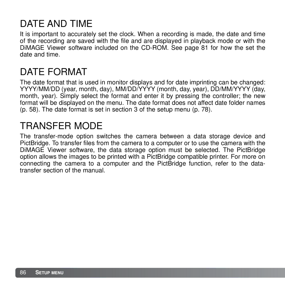 Konica Minolta X21 instruction manual Date and Time, Date Format, Transfer Mode 