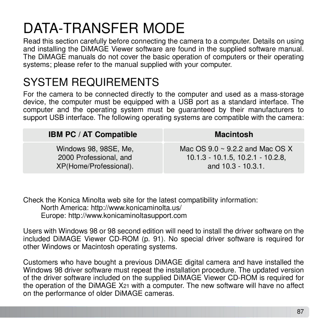 Konica Minolta X21 instruction manual DATA-TRANSFER Mode, System Requirements 