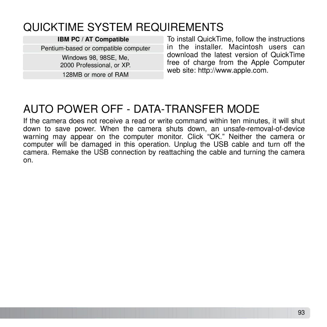 Konica Minolta X21 instruction manual Quicktime System Requirements, Auto Power OFF DATA-TRANSFER Mode 