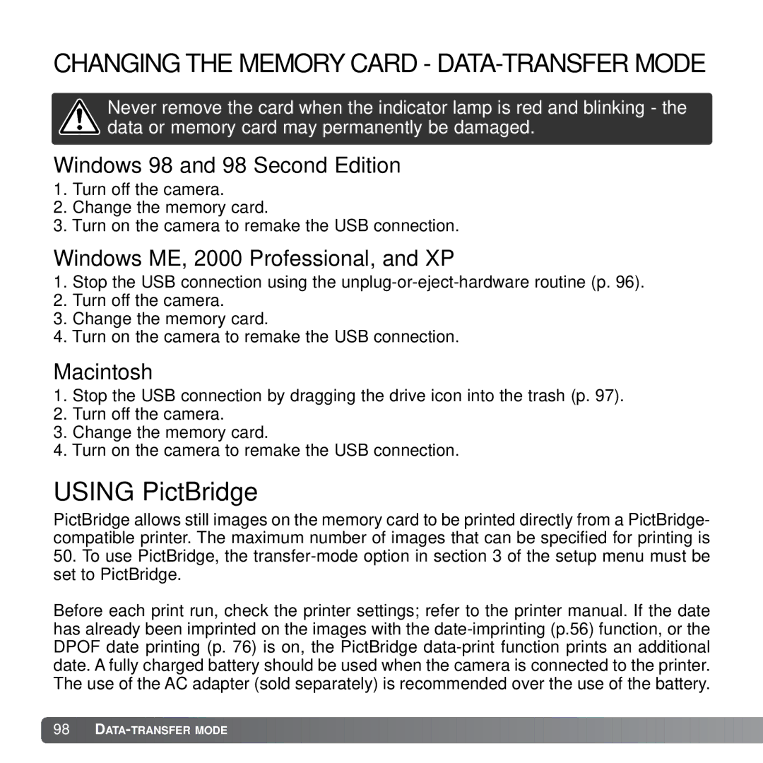 Konica Minolta X21 instruction manual Changing the Memory Card DATA-TRANSFER Mode, Windows 98 and 98 Second Edition 