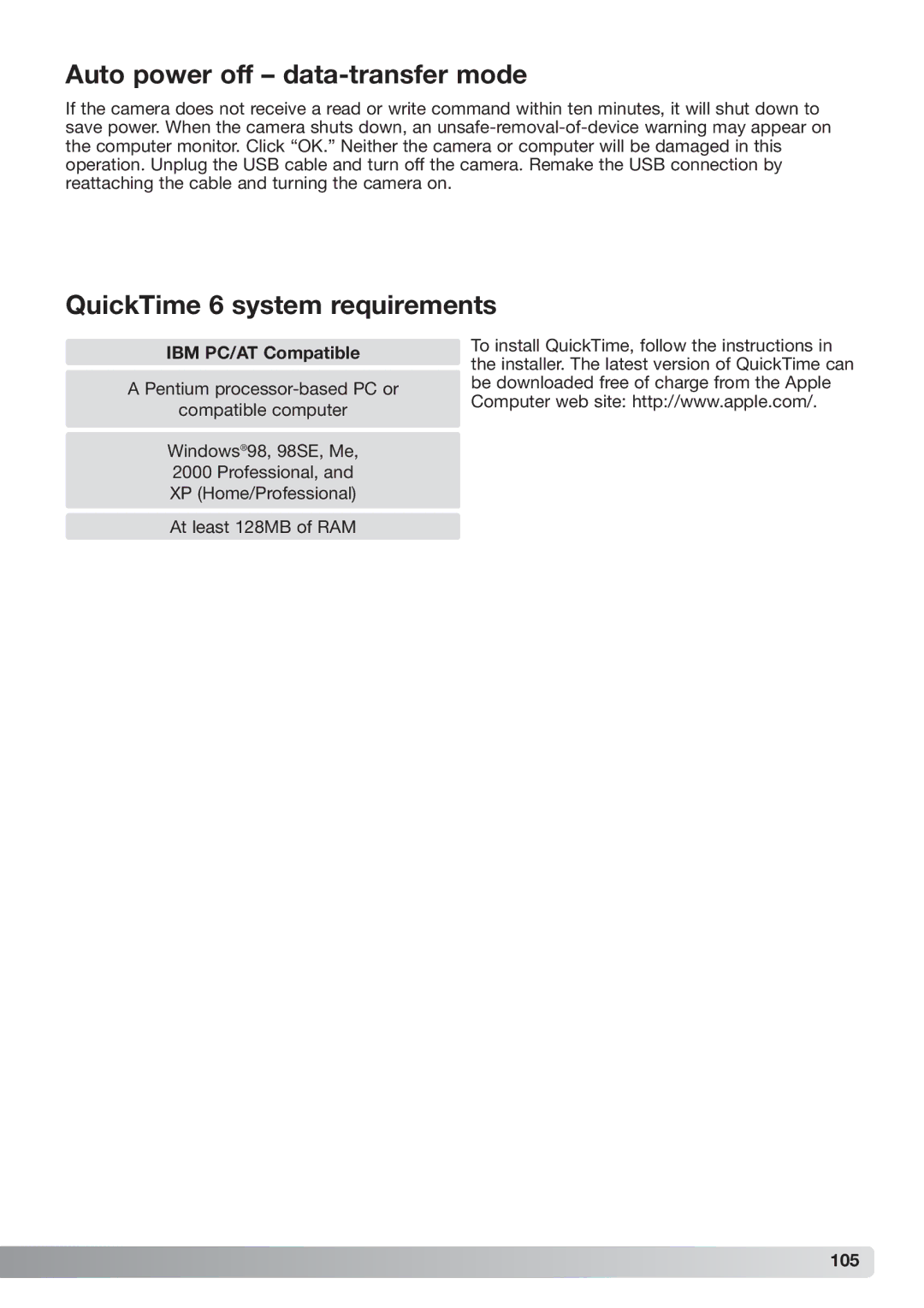 Konica Minolta xg instruction manual Auto power off data-transfer mode, QuickTime 6 system requirements 