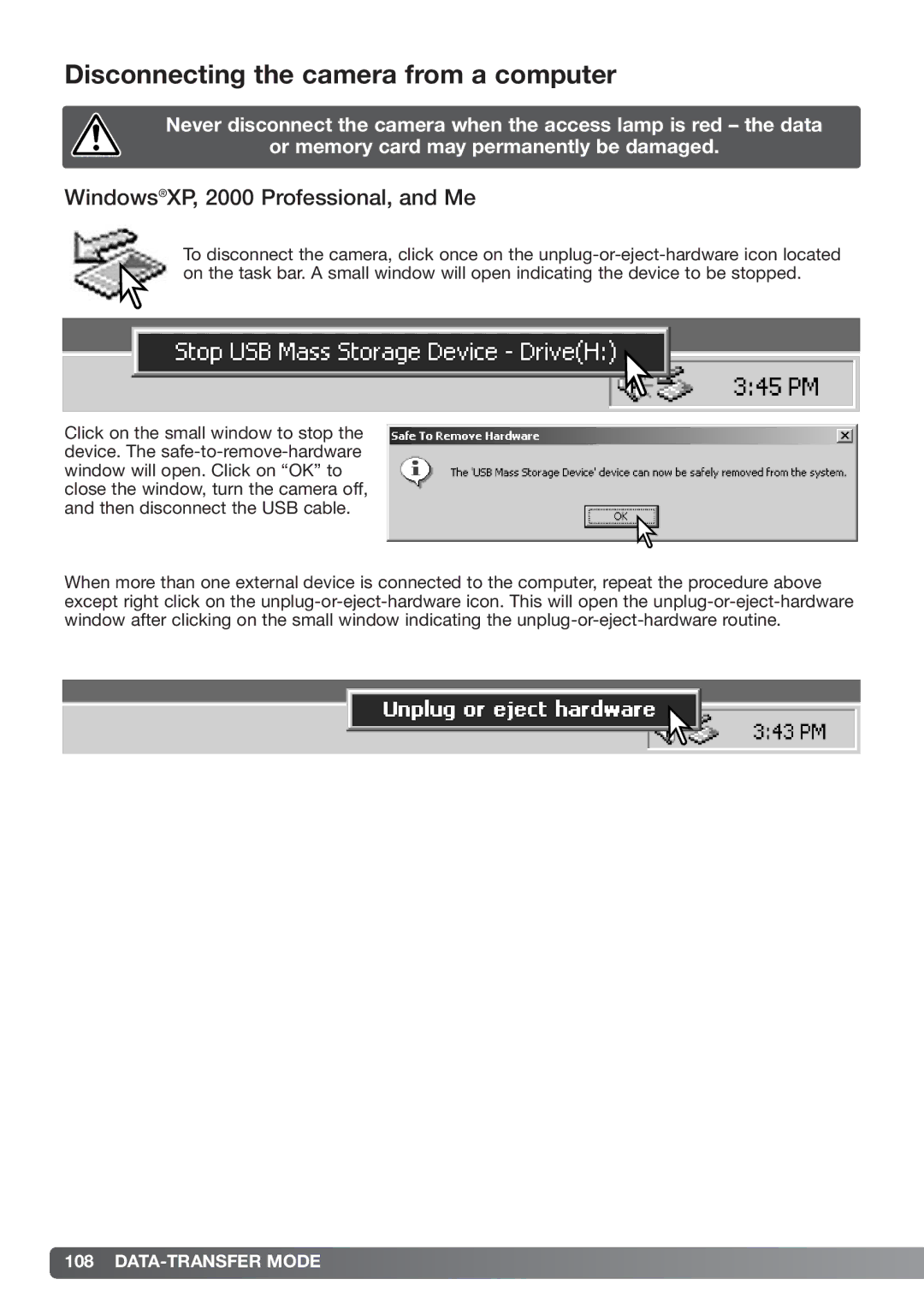 Konica Minolta xg instruction manual Disconnecting the camera from a computer, WindowsXP, 2000 Professional, and Me 