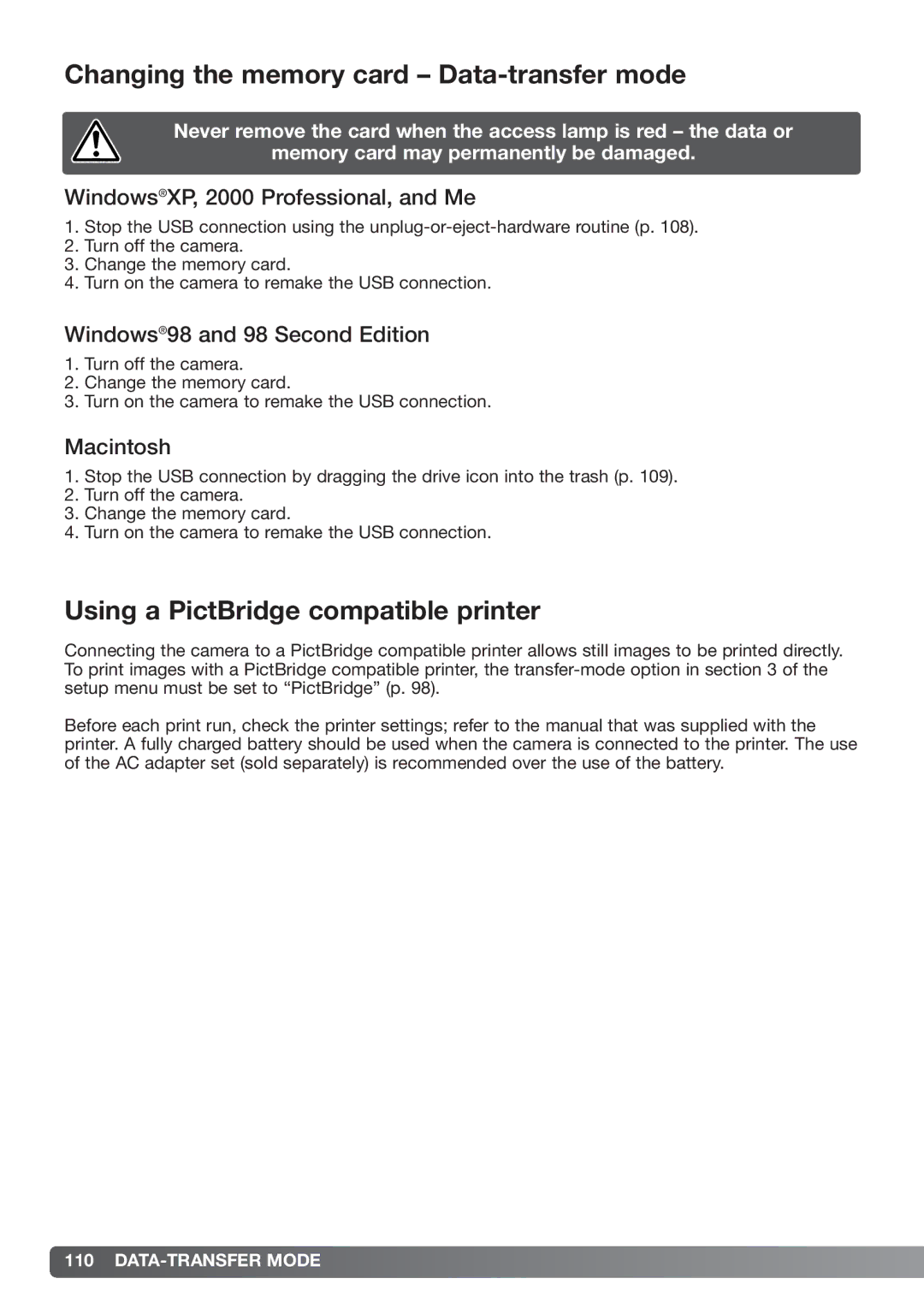 Konica Minolta xg instruction manual Changing the memory card Data-transfer mode, Using a PictBridge compatible printer 