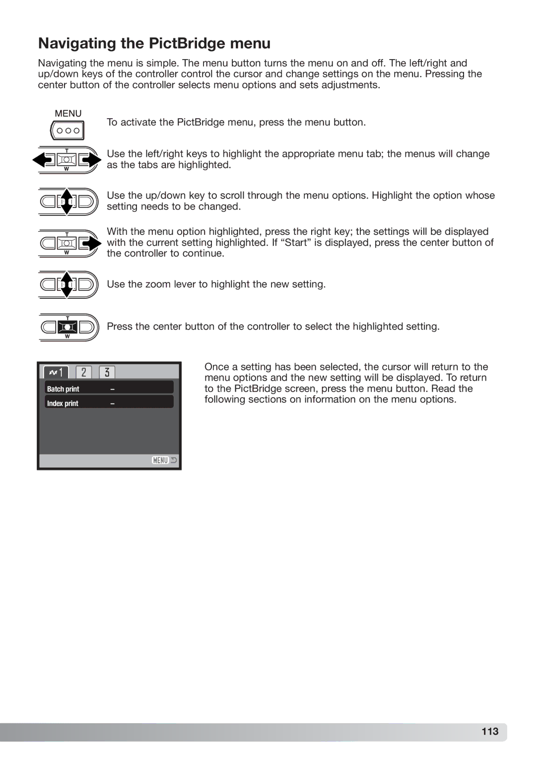 Konica Minolta xg instruction manual Navigating the PictBridge menu 