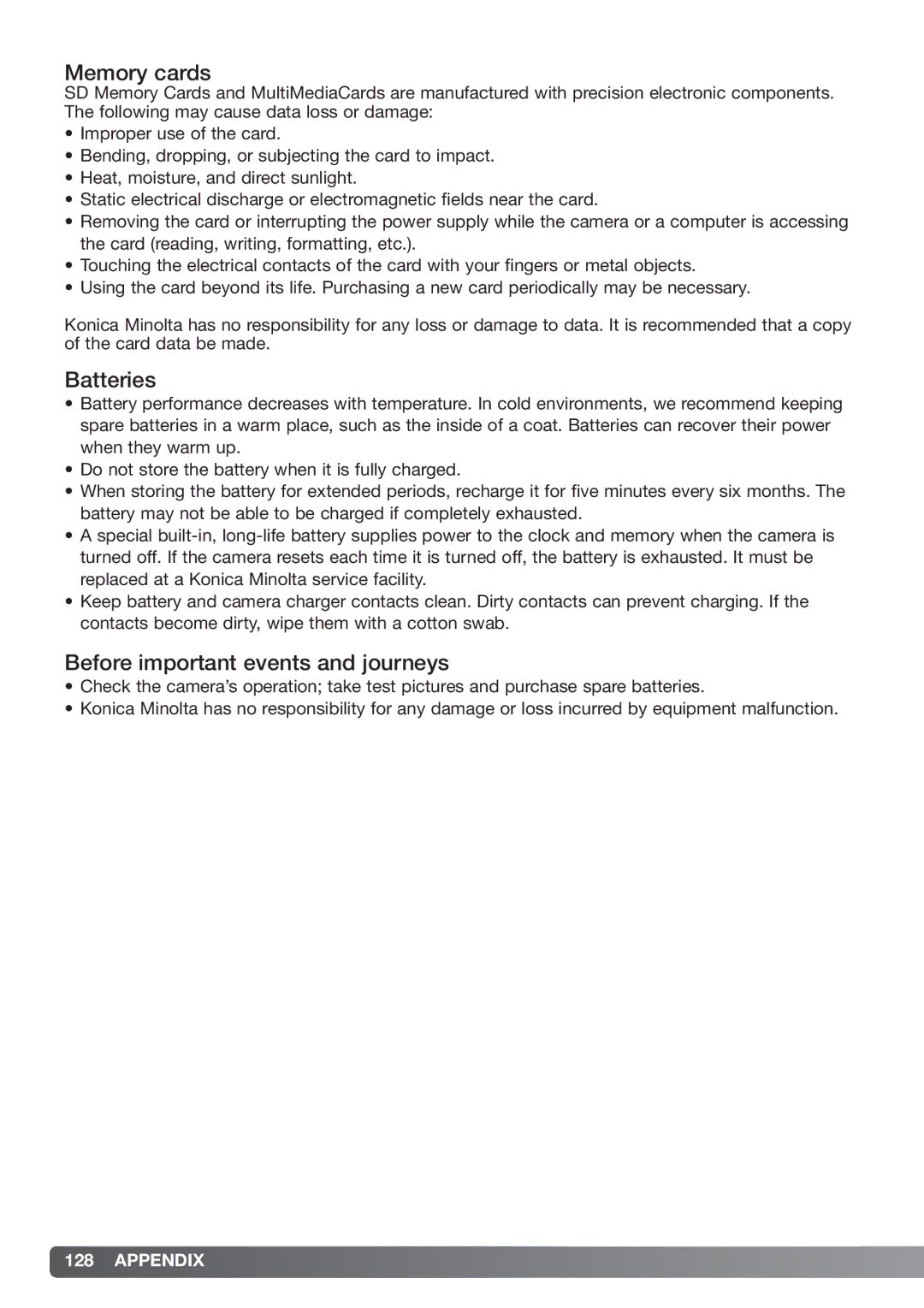 Konica Minolta xg instruction manual Memory cards, Batteries, Before important events and journeys 