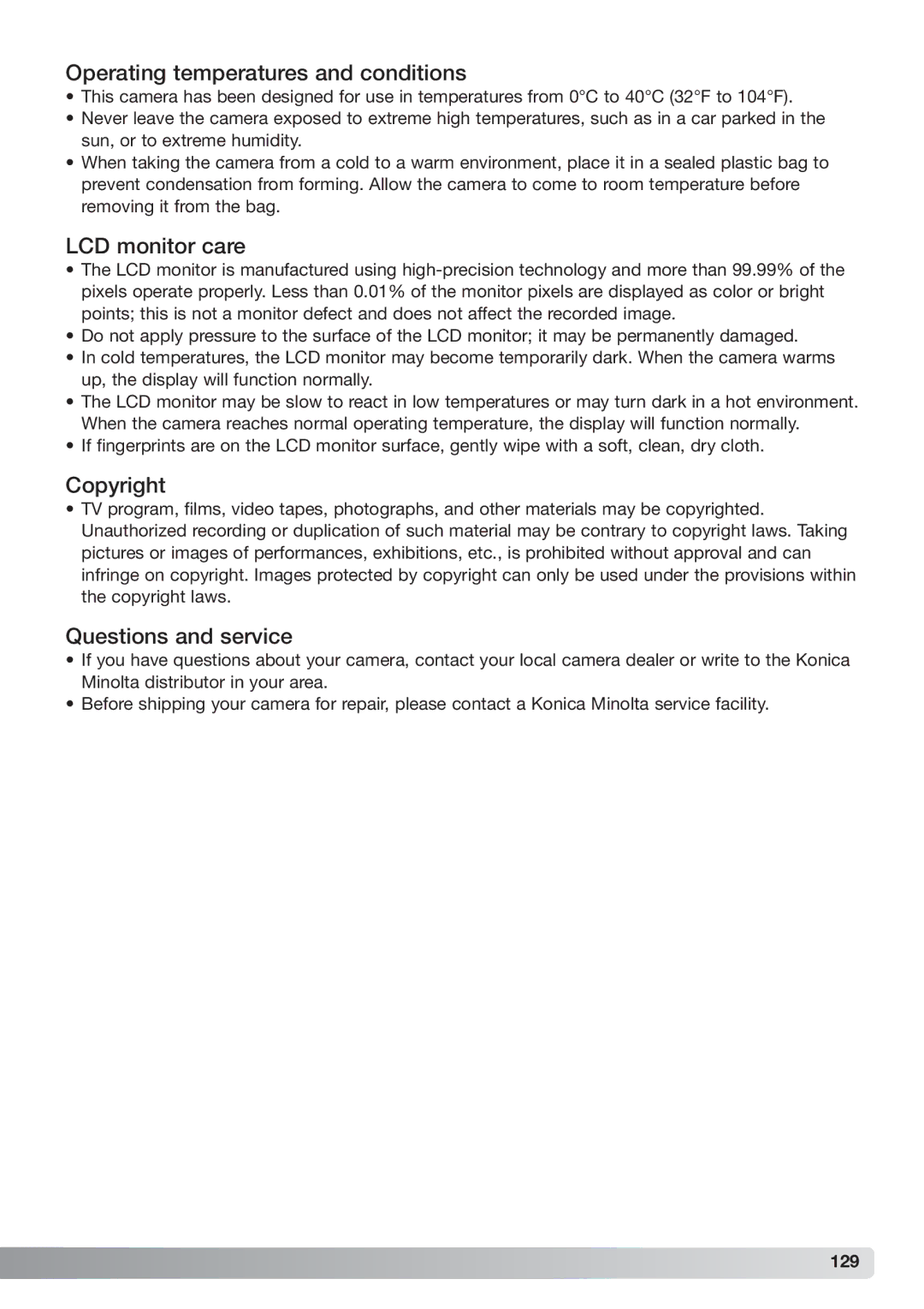 Konica Minolta xg Operating temperatures and conditions, LCD monitor care, Copyright, Questions and service 