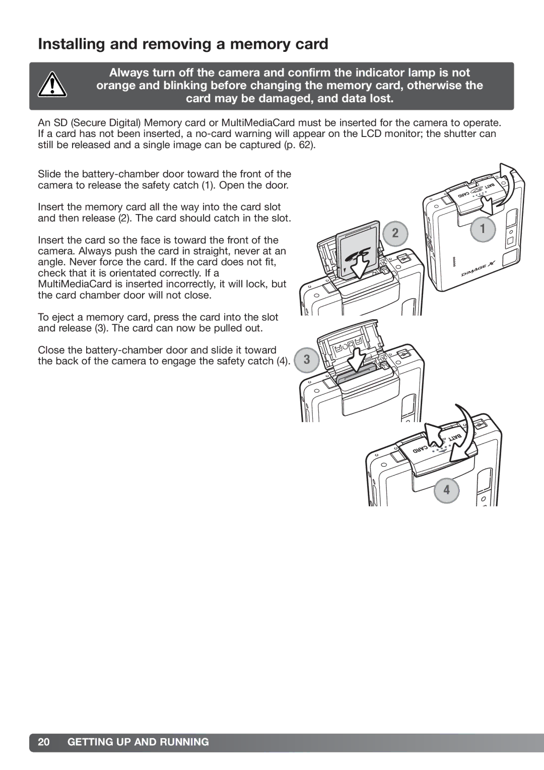 Konica Minolta xg instruction manual Installing and removing a memory card 