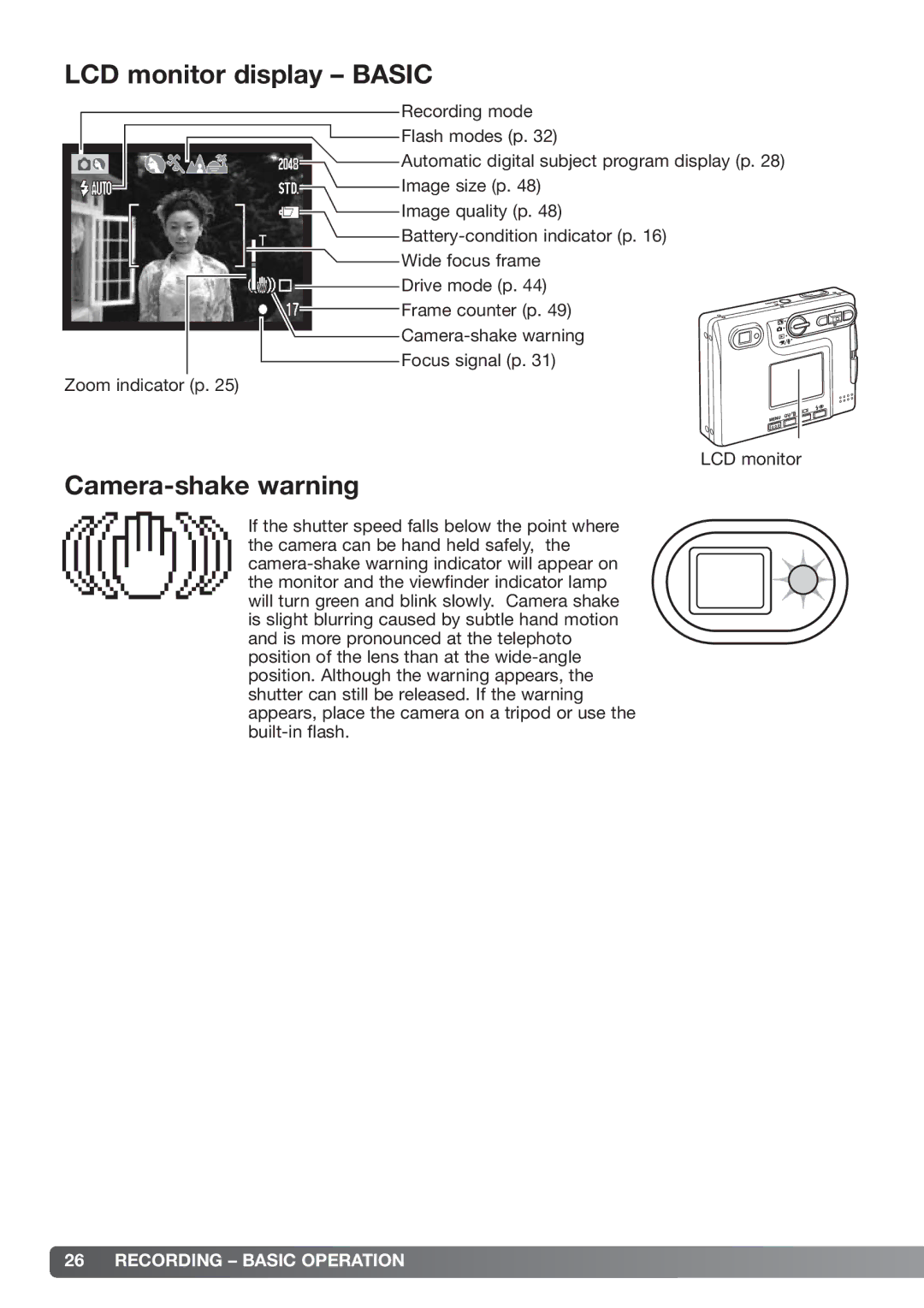 Konica Minolta xg instruction manual LCD monitor display Basic, Camera-shake warning 