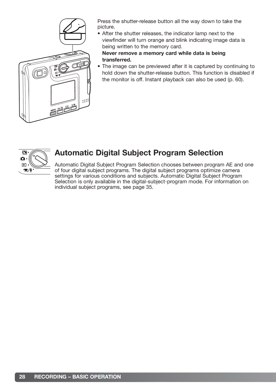 Konica Minolta xg Automatic Digital Subject Program Selection, Never remove a memory card while data is being transferred 