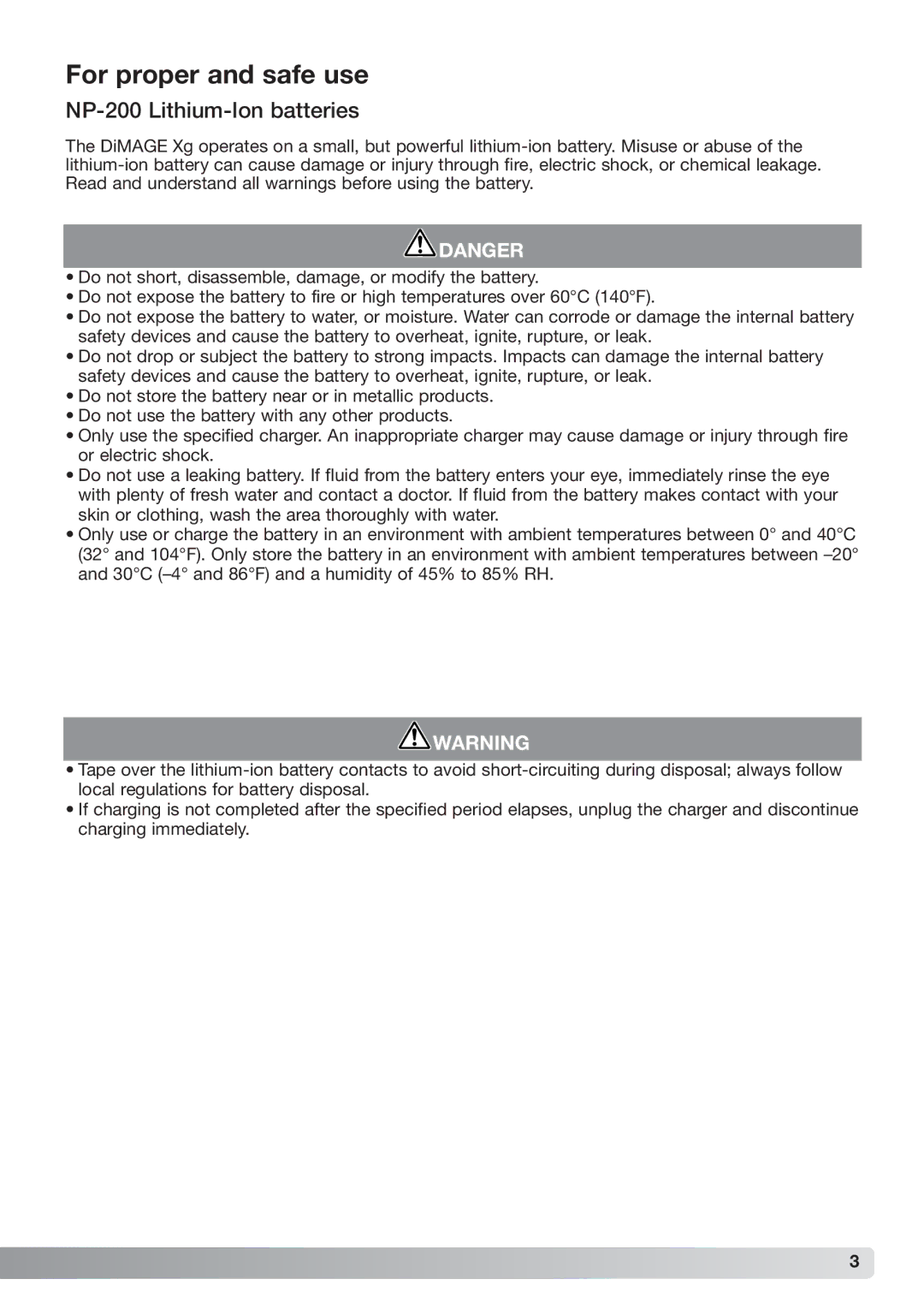 Konica Minolta xg instruction manual For proper and safe use, NP-200 Lithium-Ion batteries 