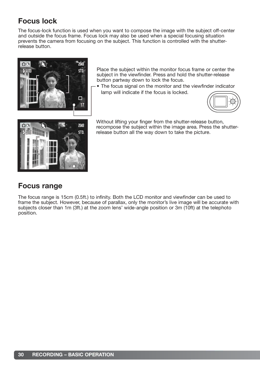 Konica Minolta xg instruction manual Focus lock, Focus range 