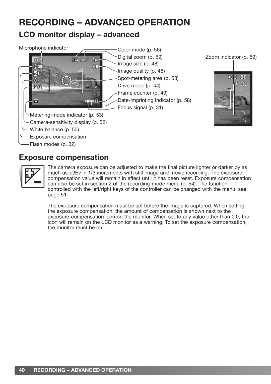 Konica Minolta xg instruction manual LCD monitor display advanced, Exposure compensation 