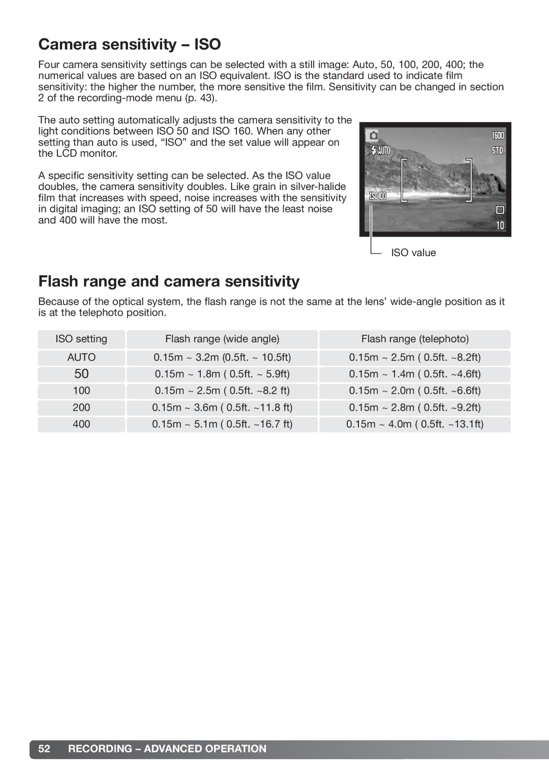 Konica Minolta xg instruction manual Camera sensitivity ISO, Flash range and camera sensitivity 